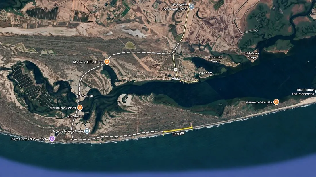 Vista satelital de Nuevo Altata con el recorrido hasta el desarrollo marcado en amarillo